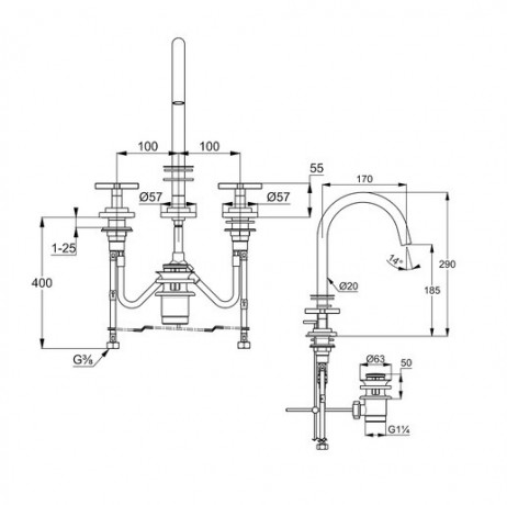 Смеситель KLUDI NOVA FONTE Classic 201430520 для раковины на три отверстия двухвентильный
