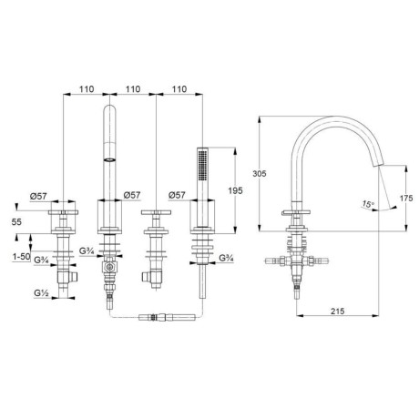Смеситель KLUDI NOVA FONTE Classic 204250520 для ванны на бортик