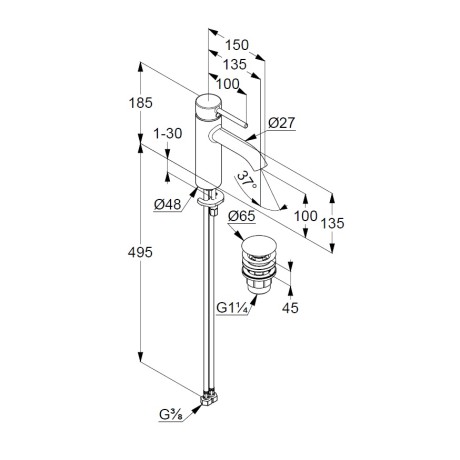 Смеситель KLUDI BOZZ 38288N076 для раковины на одно отверстие однорычажный с донным клапаном