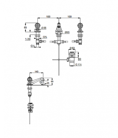 Смеситель KLUDI ADLON 5104605G5 для раковины на три отверстия двухвентильный хрустальные рукоятки «Made with Swarovski® Elements»