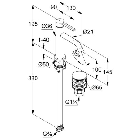 KLUDI NOVA FONTE Pura, однорычажный смеситель на умывальник 100, арт. 20288N215