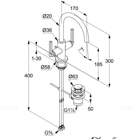 Смеситель KLUDI NOVA FONTE Classic 201183915 для раковины на одно отверстие двухвентильный с донным клапаном